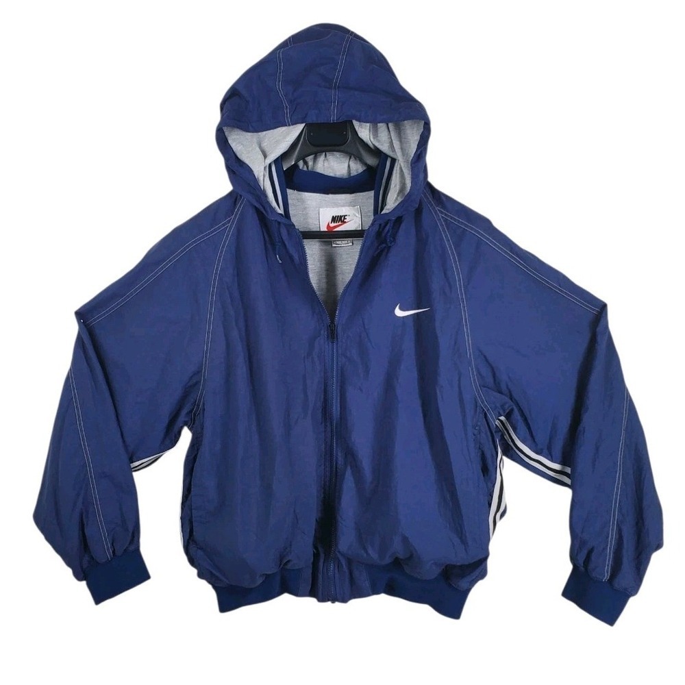 Vtg 90s Nike Jacket Hooded Mens L Blue Full Zip Waterproof Vented Soft Shell